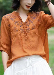 Unique Mulberry V Neck Embroidered Patchwork Linen T Shirts Half Sleeve