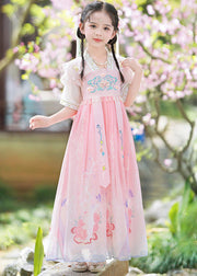 Unique Blue V Neck Embroideried Tassel Kids Girls Maxi Dresses Short Sleeve