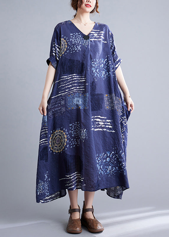 Unique Blue V Neck Print Maxi Dresses Short Sleeve