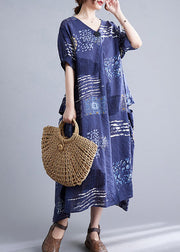 Unique Blue V Neck Print Maxi Dresses Short Sleeve