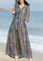 Unique Blue V Neck Print Pockets Cotton Long Dresses Summer