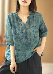 Unique Blue Wrinkled Ruffled Patchwork Linen Shirt Tops Short Sleeve