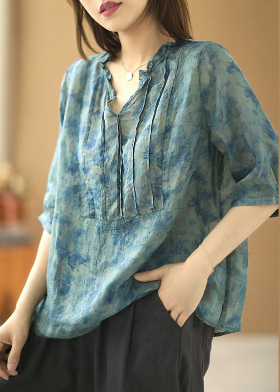 Unique Blue Wrinkled Ruffled Patchwork Linen Shirt Tops Short Sleeve