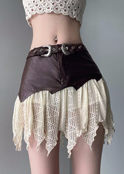 Unique Brown Asymmetrical High Waist Design Patchwork Faux Leather Skirts Fall