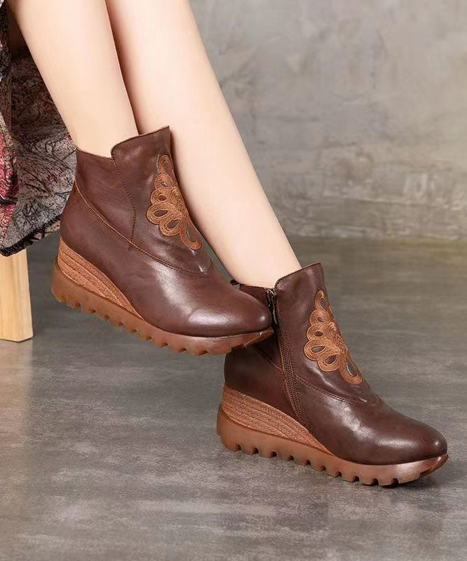 Unique Brown Embroidery Splicing Cowhide Leather Wedge Boots