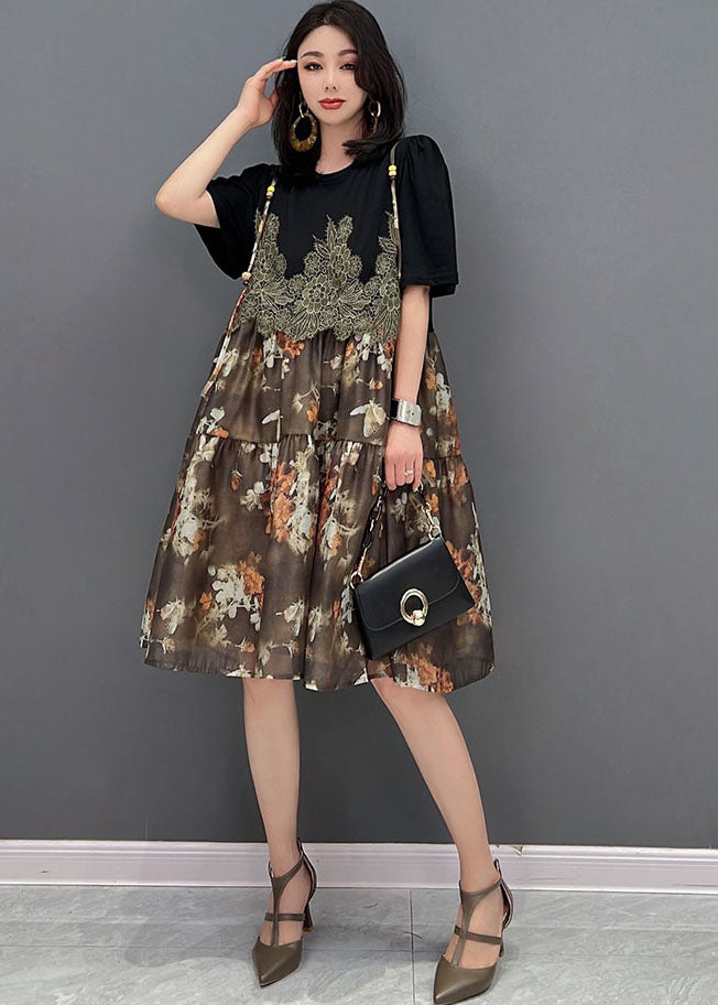 Unique Brown O-Neck Embroideried Patchwork Print Mid Dress Short Sleeve