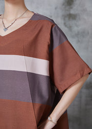 Unique Brown Oversized Striped Cotton Work Dress Summer