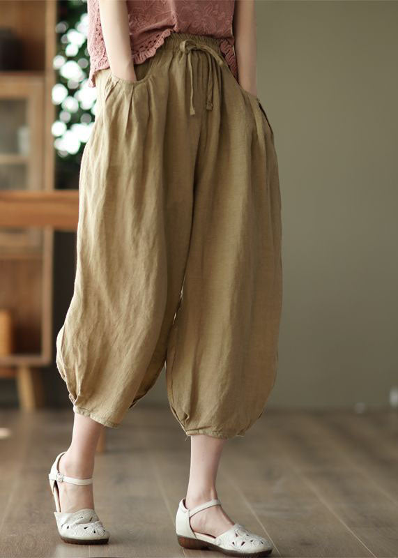 Unique Brown Pockets Patchwork Linen Crop Pants Summer