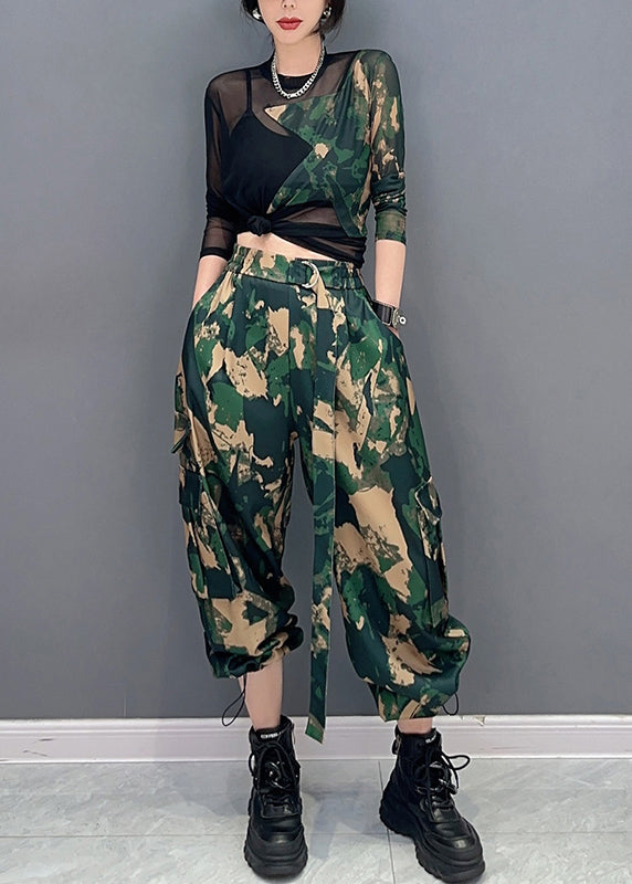 Unique Camouflage Print Tulle Patchwork Top And Pants Two Pieces Set Spring