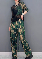 Unique Camouflage Print Tulle Patchwork Top And Pants Two Pieces Set Spring