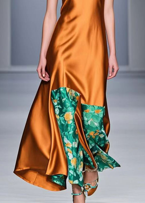 Unique Caramel Asymmetrical Patchwork Silk Long Dress Sleeveless