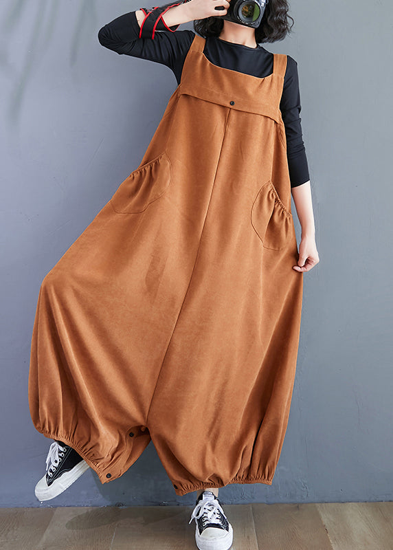 Unique Caramel Pockets High Waist Patchwork Corduroy Jumpsuit Fall