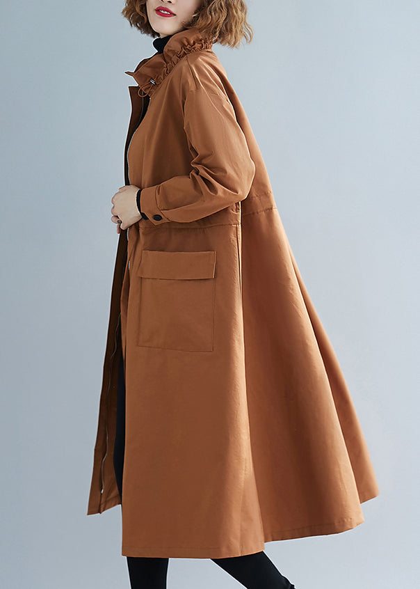 Unique Caramel Stand Collar Lace Up Patchwork Cotton Trench Coats Fall