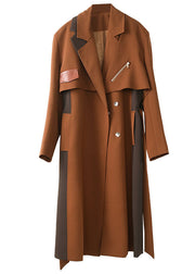 Unique Caramel Zip Up Patchwork Spandex Trench Coats 2 Piece Outfit Fall