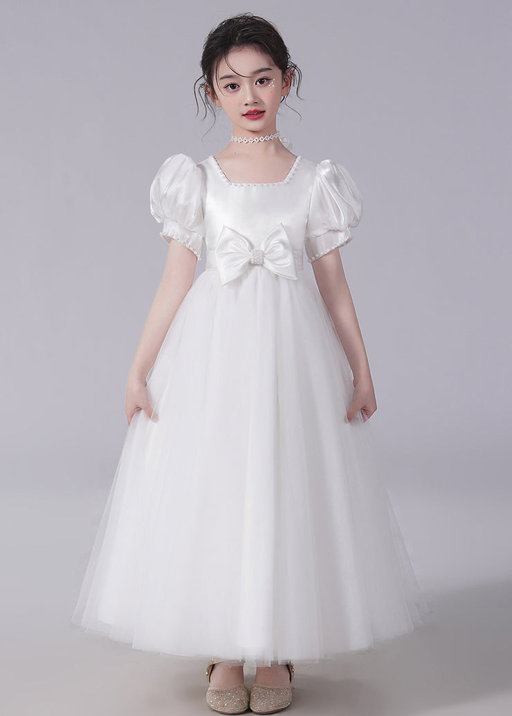 Unique Champagne Bow Nail bead Tulle Girls Long Dresses Short Sleeve