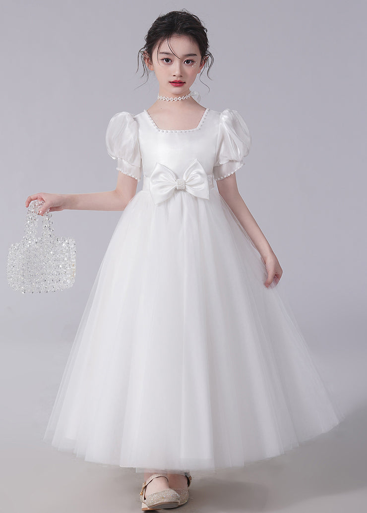 Unique Champagne Bow Nail bead Tulle Girls Long Dresses Short Sleeve