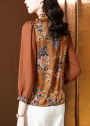 Unique Chocolate Ruffled Patchwork Print Silk Blouses Spring