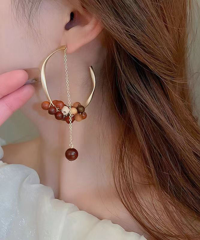 Unique Coffee Alloy Sandalwood Sphericity C Shaped Tassel Hoop Earrings