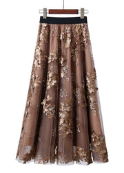 Unique Chocolate Embroideried Floral High Waist Tulle Skirt Summer