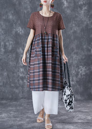 Unique Coffee Hollow Out Patchwork Plaid Cotton Dresses Summer