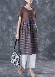 Unique Coffee Hollow Out Patchwork Plaid Cotton Dresses Summer