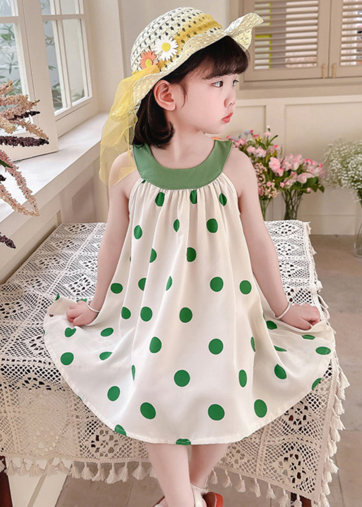 Unique Coffee O-Neck Dot Print Wrinkled Kids Chiffon Strap Dress Summer