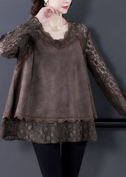 Unique Chocolate Oversized Lace Patchwork Faux Suede Top Spring