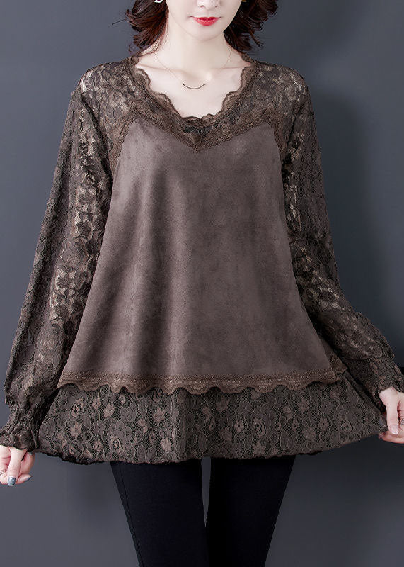 Unique Chocolate Oversized Lace Patchwork Faux Suede Top Spring