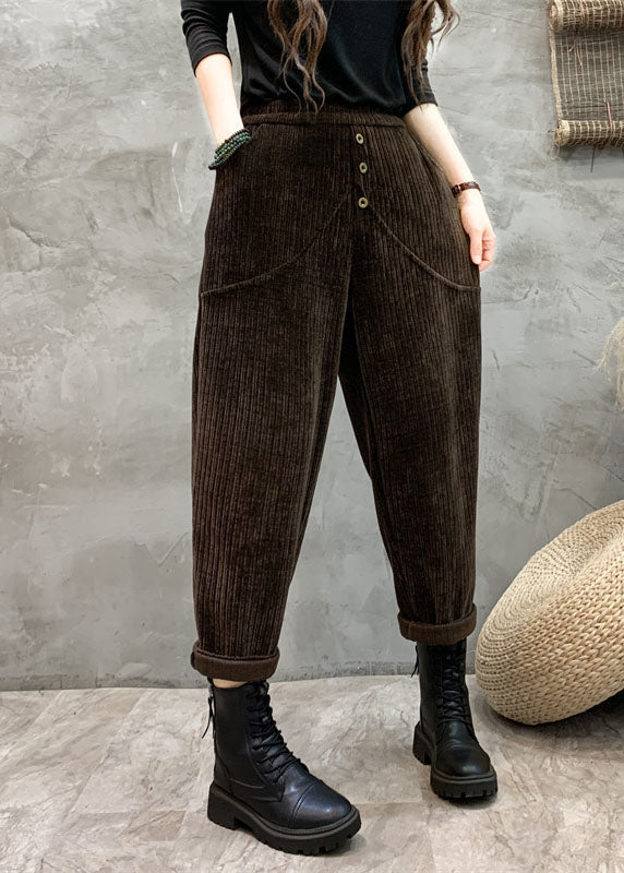 Unique Coffee Pockets Patchwork Elastic Waist Button Harem Pants Fall