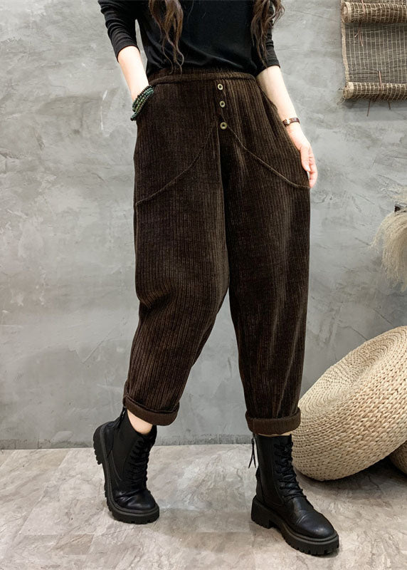 Unique Coffee Pockets Patchwork Elastic Waist Button Harem Pants Fall