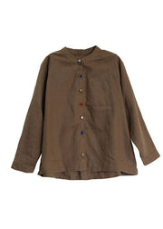 Unique Chocolate Stand Collar Patchwork Multicolour Button Cotton Shirt Top Long Sleeve