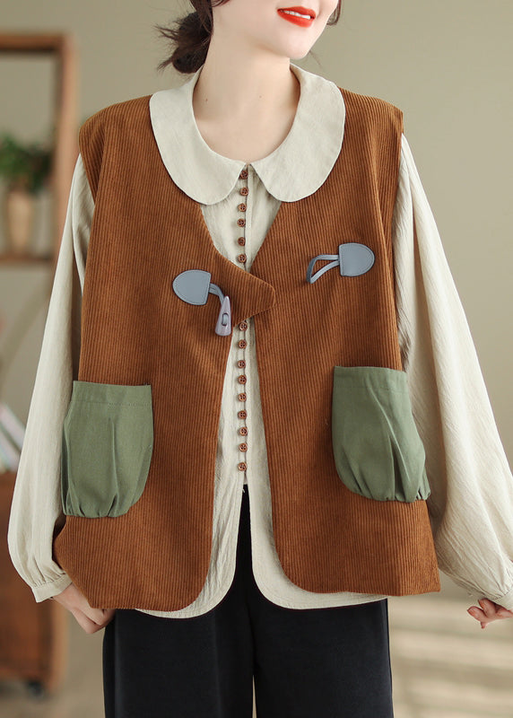 Unique Coffee V Neck Horn Button Corduroy Vest Sleeveless