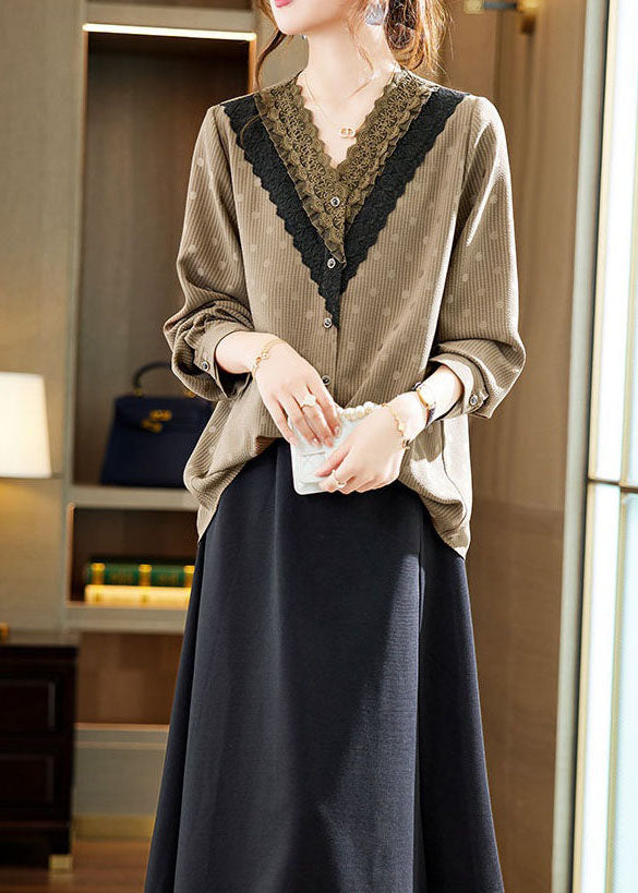 Unique Coffee V Neck Print Lace Patchwork Chiffon Shirt Long Sleeve