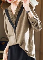 Unique Coffee V Neck Print Lace Patchwork Chiffon Shirt Long Sleeve