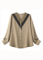 Unique Coffee V Neck Print Lace Patchwork Chiffon Shirt Long Sleeve