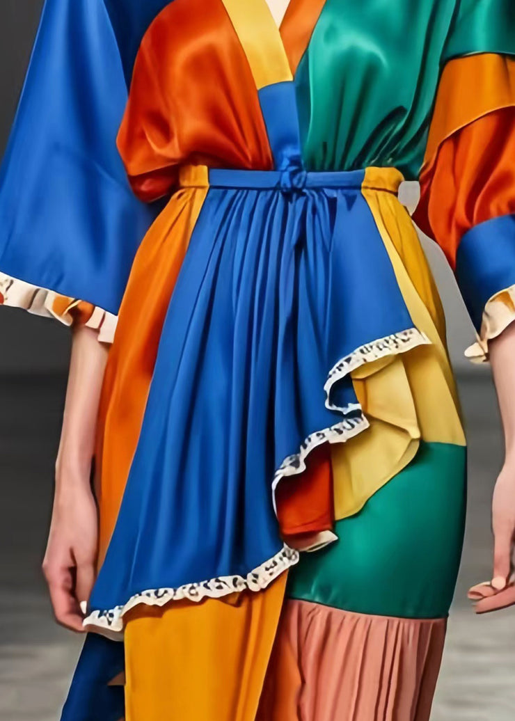 Unique Colorblock Asymmetrical Patchwork Silk Holiday Dress Summer