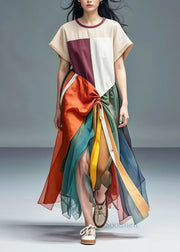 Unique Colorblock Asymmetrical Patchwork Tulle Cotton Dresses Summer