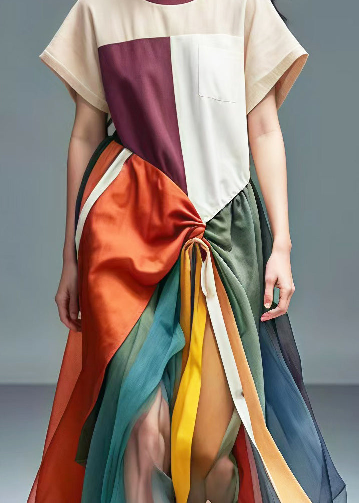 Unique Colorblock Asymmetrical Patchwork Tulle Cotton Dresses Summer