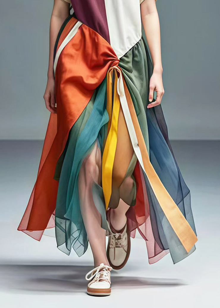 Unique Colorblock Asymmetrical Patchwork Tulle Cotton Dresses Summer