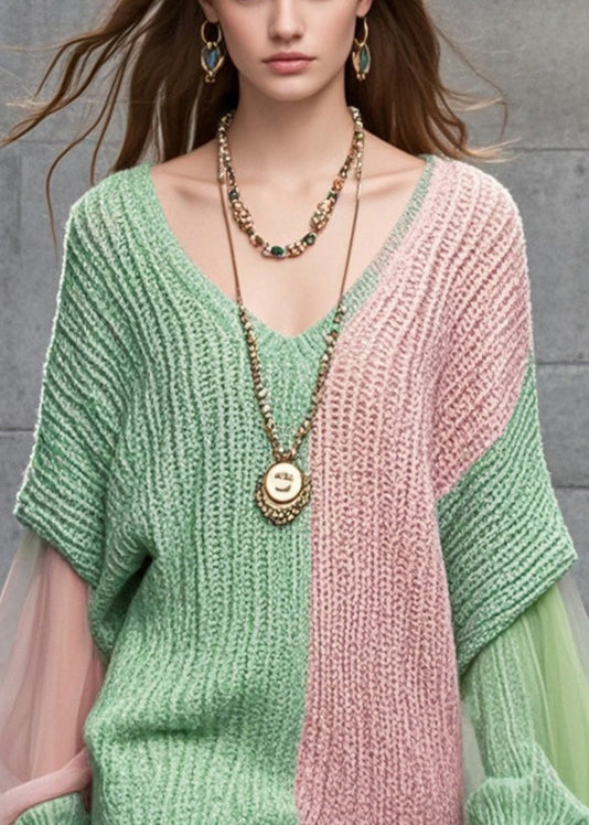 Unique Colorblock Asymmetrical Patchwork Tulle Long Sweater Batwing Sleeve