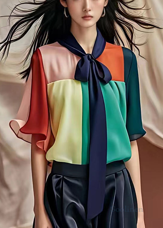 Unique Colorblock Bow Patchwork Chiffon Shirt Half Sleeve