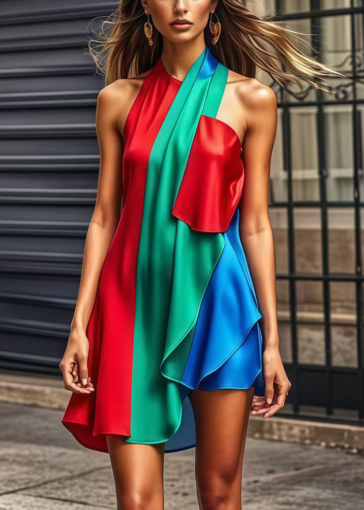 Unique Colorblock Cold Shoulder Patchwork Silk Mini Dresses Summer