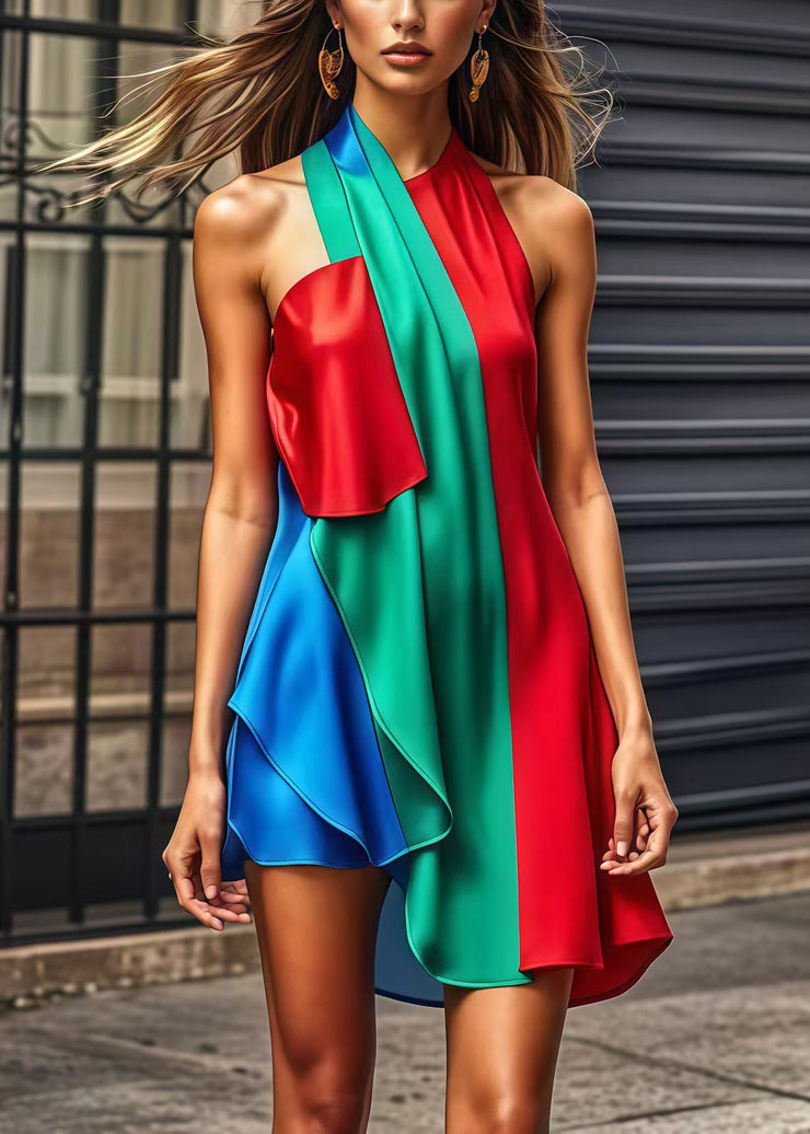 Unique Colorblock Cold Shoulder Patchwork Silk Mini Dresses Summer