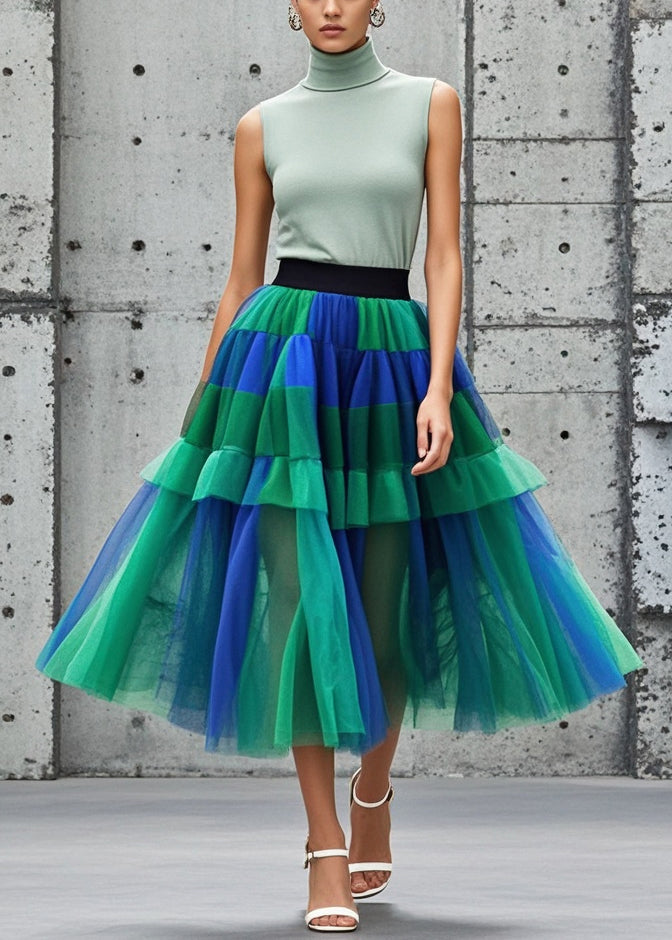 Unique Colorblock Elastic Waist Patchwork Tulle Skirts Summer