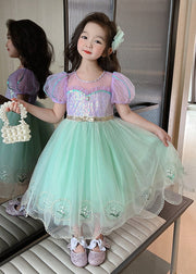 Unique Colorblock Embroideried Patchwork Tulle Kids Girls Long Dresses Summer