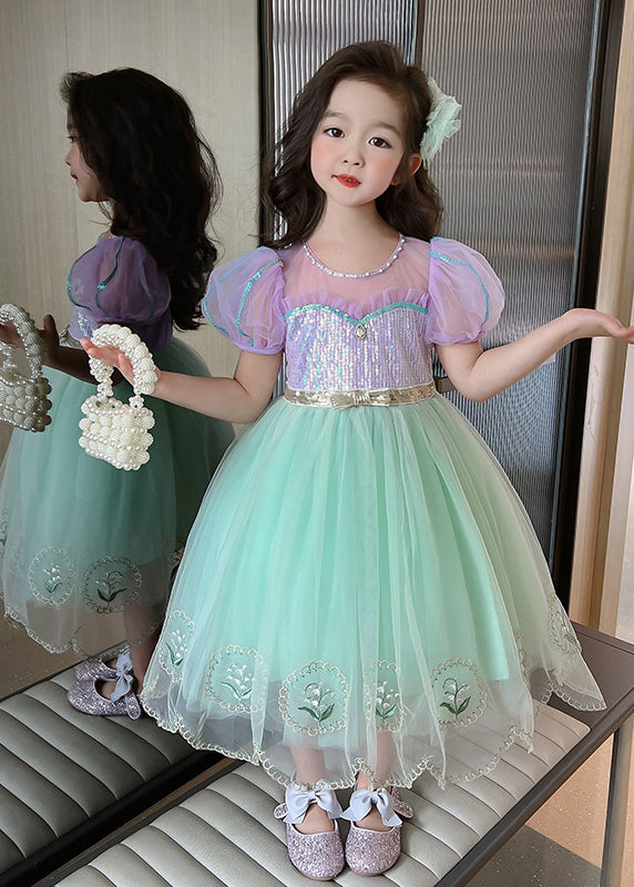 Unique Colorblock Embroideried Patchwork Tulle Kids Girls Long Dresses Summer