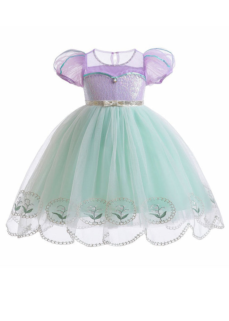 Unique Colorblock Embroideried Patchwork Tulle Kids Girls Long Dresses Summer