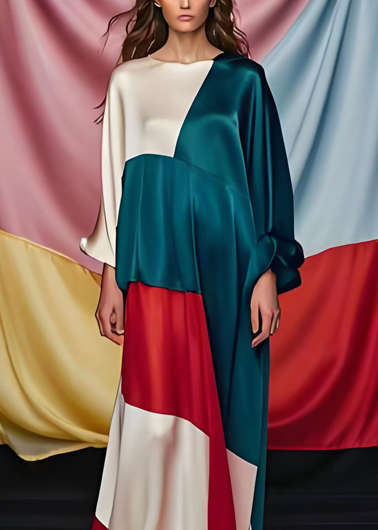Unique Colorblock O Neck Patchwork Silk Party Maxi Dress Long Sleeve