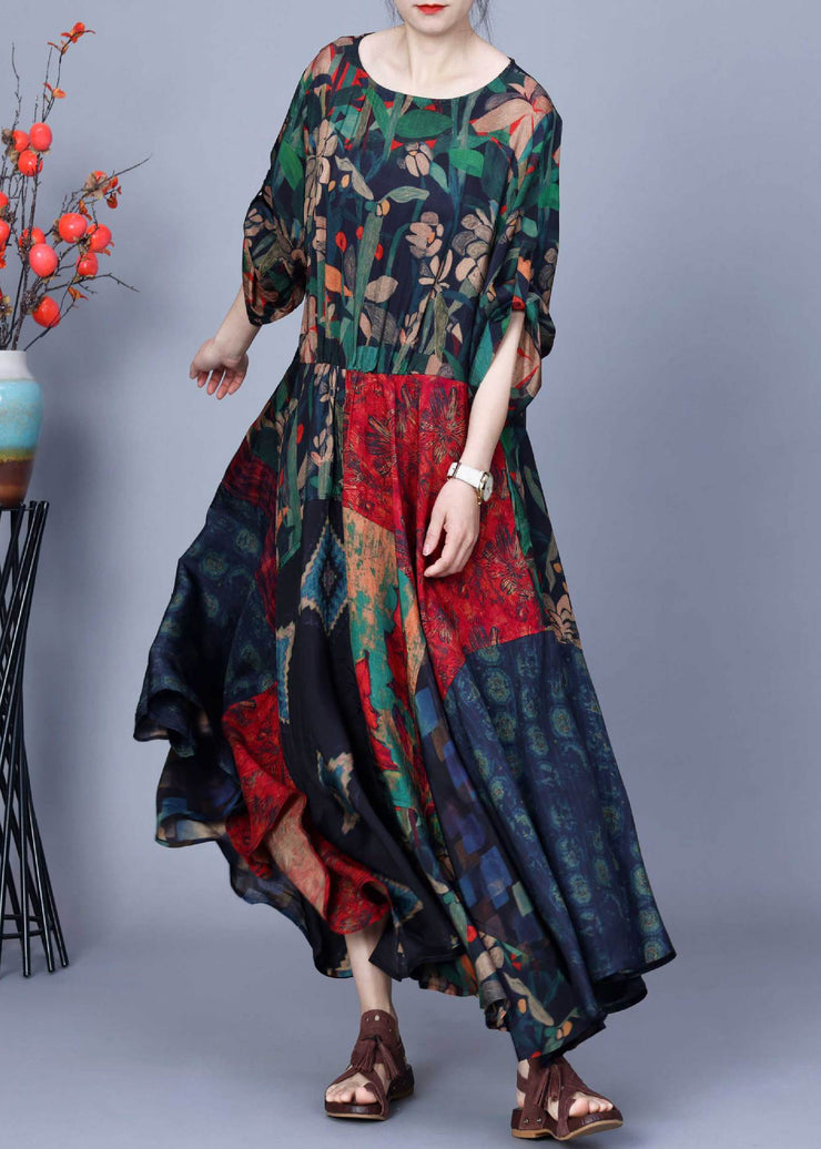 Unique Colorblock O Neck Print Patchwork Silk Long Dresses Summer