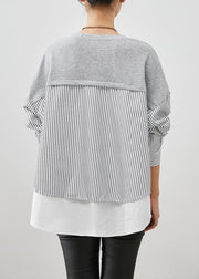 Unique Colorblock Oversized Patchwork Striped Cotton Top Fall